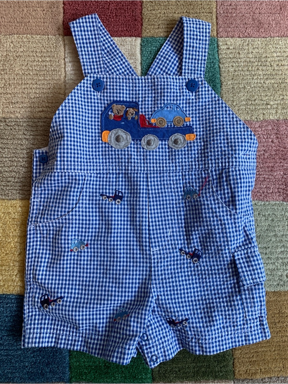 6-9M Blue Gingham Romper Overall Shortall with Car and Truck Appliqué Embroidery